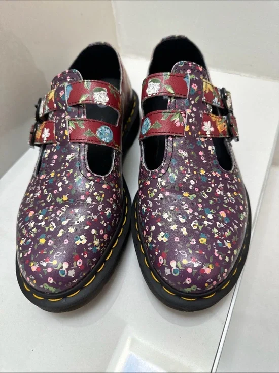 Dr Martens Floral Burgundy Mary Jane Shoes with Double Buckle womens sz 9 rare - Picture 4 of 16